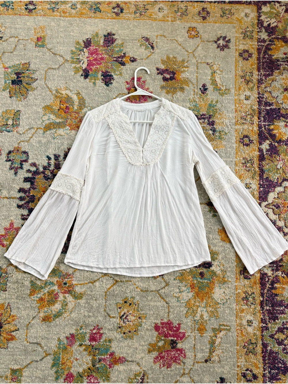 White Flowy Boho Lace-Trim V-Neck Hippie Top mother of pearl buttons